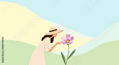 Serene Woman Admires Blooming Flower Amidst Rolling Hills Landscape