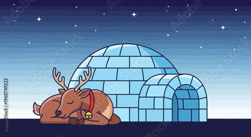 Sleepy Reindeer Rests Beside Igloo Under Starry Arctic Night Sky