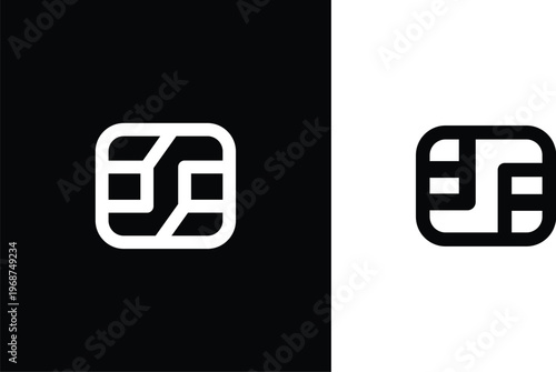 Microchip icon for card and smart identity technology, Minimalist chip outline vector graphics, Simple electronic integrated circuit symbol design elements.