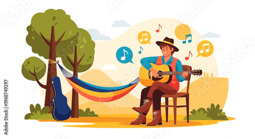 Serene Musician Playing Guitar in Nature with Hammock