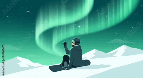 Snowboarder Gazing At The Enchanting Aurora Borealis In A Winter Wonderland