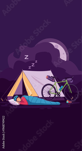 Serene Night Camping Adventure with Bicycle Resting Peacefully Under Moonlit Sky