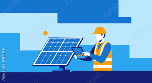 Solar Panel Technician Analyzing Data With Tablet Renewable Energy Efficiency Monitoring