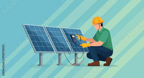 Solar Panel Technician Checks Energy System Performance With Meter