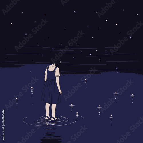 Serene Night Sky Reflection In Water With Solitary Figure