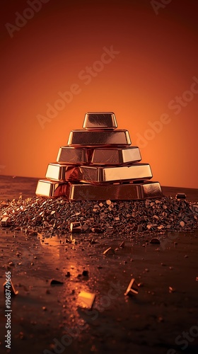 AI Generative Gold Bar Pyramid Stack with Sparkling Debris on Warm Orange Background