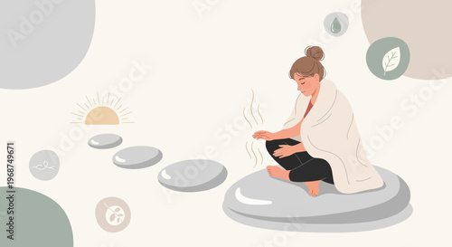 Serene Woman Meditating Wrapped in Blanket Next to Stepping Stones and Sunrise