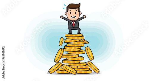 Stressed Businessman Perched Precariously On Tall Pile Of Falling Coins