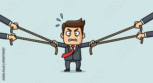 Stressed Businessman Pulled In Different Directions By Many Hands