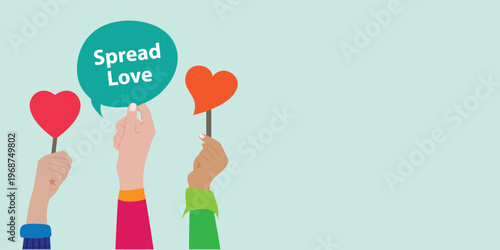 Spread love concept with hands holding heart symbols and speech bubble, representing kindness, compassion, positivity, and emotional connection.