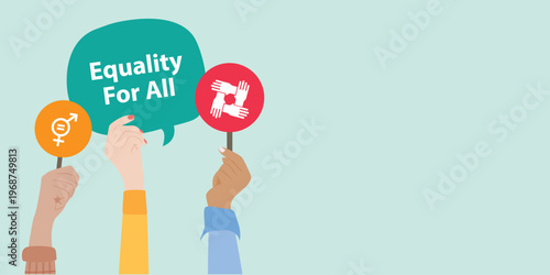Equality for all concept with diverse hands holding symbols and speech bubble, promoting inclusivity, diversity, human rights, and social unity.