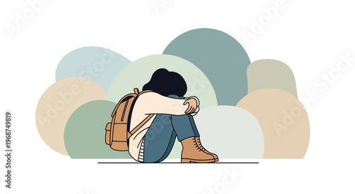 Solitary Adolescent Embracing Loneliness Amidst Abstract Forms