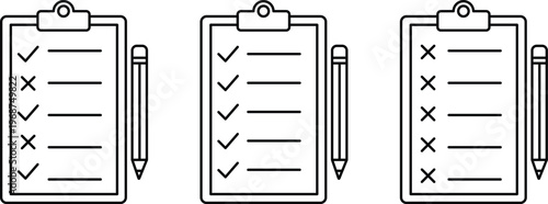 Clipboard icon minimalist line art set with pencil, Task list checklist outline vector graphics for project management, Simple questionnaire survey symbol for web and app. Editable stroke.