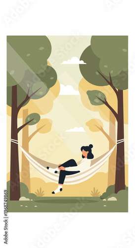 Serene Woman Relaxing In Hammock Amidst Lush Forest Sunlight