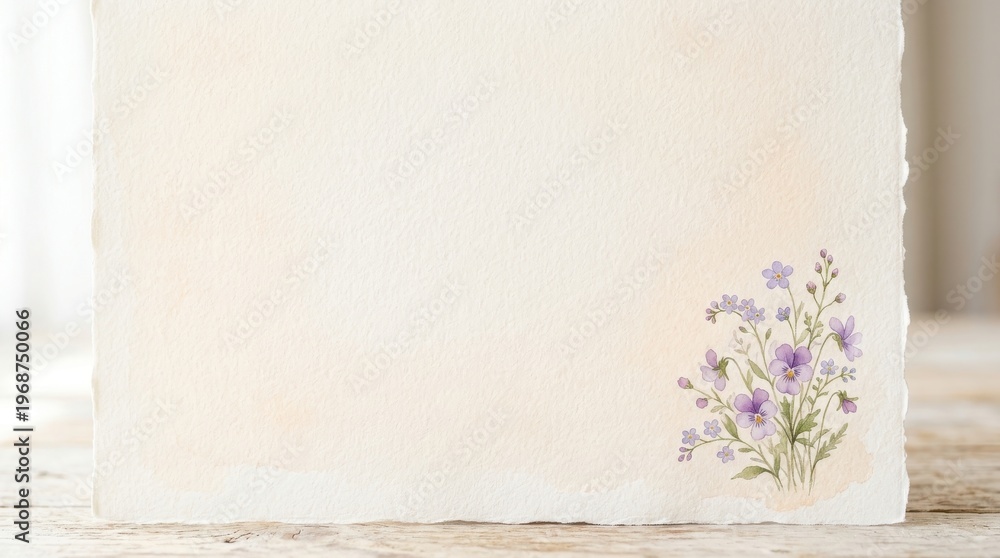Fototapeta premium Delicate watercolor painting of a small bouquet of purple wildflowers on textured parchment paper, soft pastel tones, and natural light.