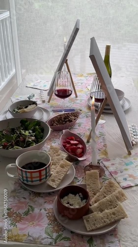 “Painting and Wine With Snacks on Dinner Table 4K Ultra HD Video, Artistic Dining Setup With Cheese, Meat, and Appetizers, Elegant Table Presentation, Relaxing Evening Ambiance, Culinary and Lifestyle