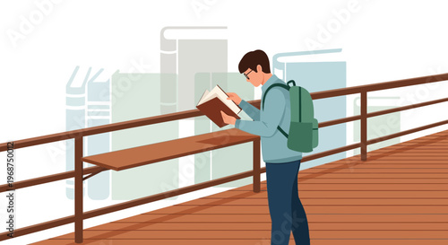 Student Reading Book With Backpack On Wooden Walkway Near Library Shelves