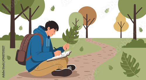 Student Sketching Nature In A Park During Autumn With A Backpack