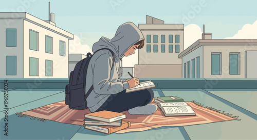 Student Studying On Rooftop Amidst Urban Scenery