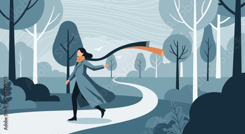 Serene Woman's Autumnal Stroll Through a Stylized Woodland Path