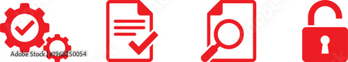 Business icons set with red gears document and lock symbols, Professional process management outline vector graphics, Simple office workflow checkmark and search design elements.