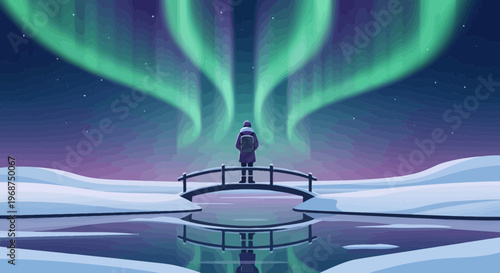 Stunning Aurora Borealis Illuminates A Lone Figure On A Winter Bridge