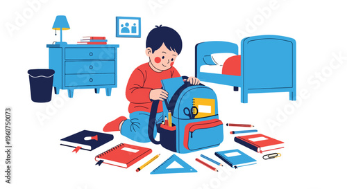 Flat style vector illustration of children organizing school supplies and backpacks, preparing for study and back to school season with education readiness concept