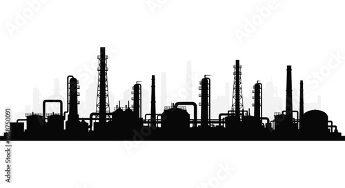 A stark black silhouette of an industrial complex with refinery towers and buildings against a bright white background silhouette high quality