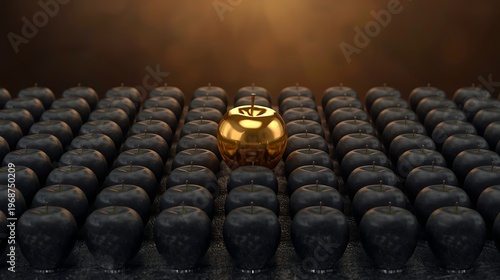 AI Generative Image of a Golden Apple Shining Among Countless Dark Apples on a Warm Background