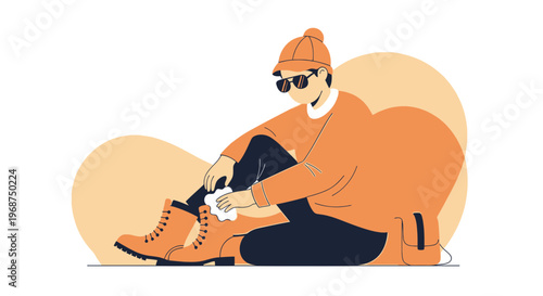 Stylized Person Tying Shoe Boots Outdoor Casual Fashion