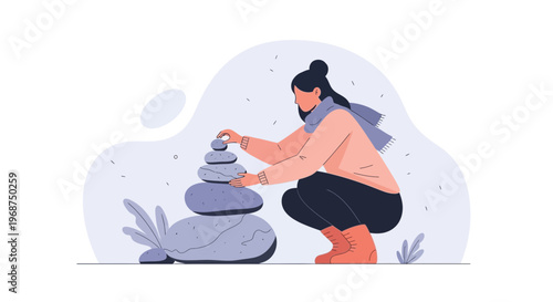 Serenity In Nature Woman Balances Stones On A Calm Day