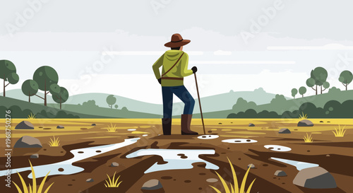 Solitary Traveler Navigating Arid Landscape With Stick