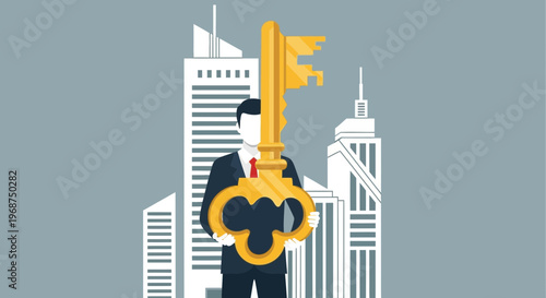 Successful Business Person Holds Golden Key Symbolizing Opportunity And Achievement In Cityscape