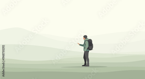Solitary Traveler Stands Amidst Rolling Hills Offering a Helping Hand