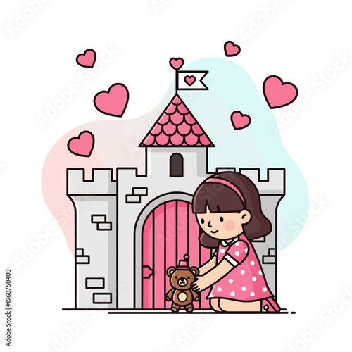 Sweet Childhood Dream Princess Castle Playtime With Teddy Bear And Hearts