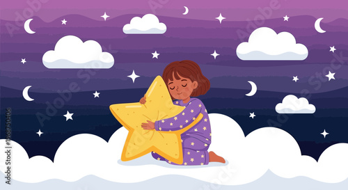 Sweet Dreams Serenity A Child Embraces A Star in A Night Sky Wonderland
