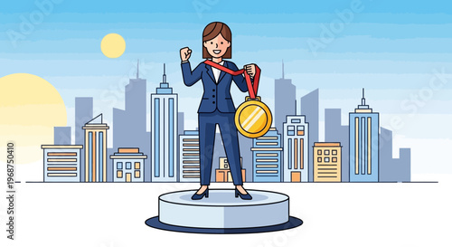 Successful Businesswoman Celebrates Achievement With Golden Medal