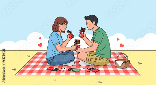 Sweet Embrace A Couple Enjoys Chocolate On A Romantic Picnic Outdoors