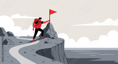 Successful Hiker Plants Flag On Mountain Summit Reaching Goal