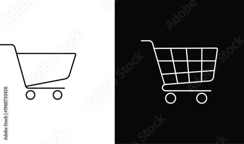 Shopping cart icon for ecommerce retail apps, Minimalist line art grocery trolley vector graphics, Simple commerce shop basket design elements. Editable stroke.