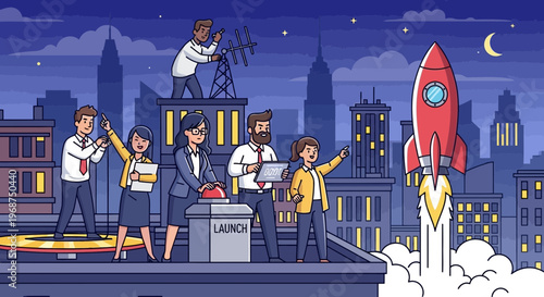 Successful Startup Launch Mission With Rocket Ascending Over City Skyline