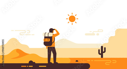 Solo Adventurer Gazing Across Vast Arid Desert Landscape Under Bright Sun