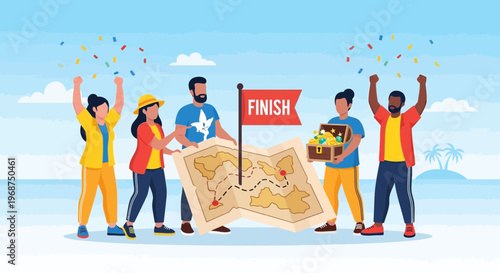 Successful Treasure Hunt Team Celebrates Victory With Map and Chest