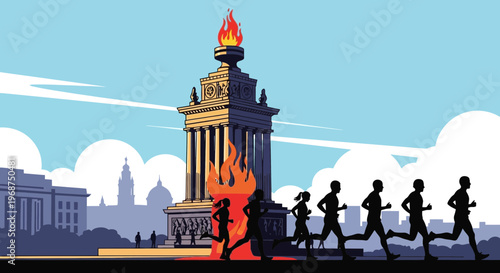 Symbolic Torch Relay With Runners Approaching Monumental Structure