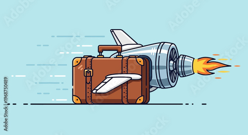 Suitcase Rocket Launching Towards Destination Rapid Travel