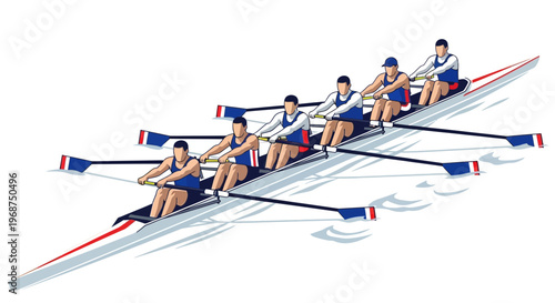 Synchronized Crew Rowing Sport Team Effort on Water