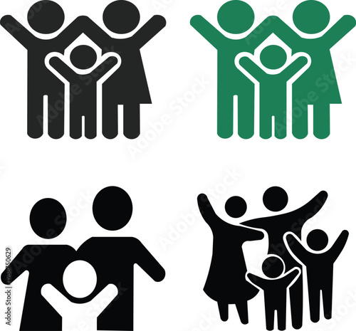 Multiple Family Icons with Father, Mother, and Children – Family Togetherness, Parenting, Love, and Child Development Vector Design in Different Colors for Family Care and Support