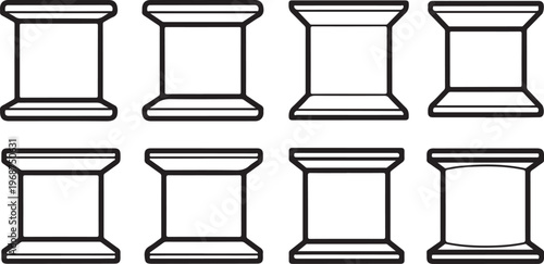 A collection of eight simple wooden stools with varying designs and heights Vector