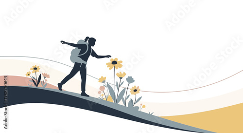 Silhouette Hiker With Backpack Walking Through Flowery Meadow Path