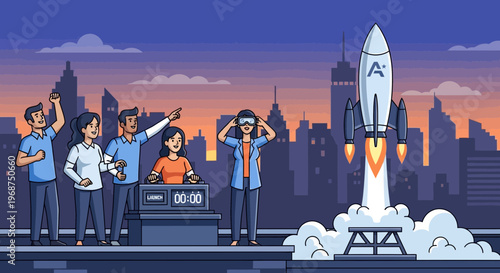 Team Celebrates Rocket Launch Into Futuristic Cityscape